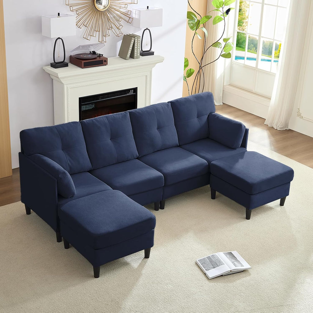 PUREMIND Sectional Couches for Living Room, Modern Snow Velvet U-Shaped Sofa Couch with Double Chaise, Upholstered 4 Seater Home Sofa for Living Room, Apartment, Office,Blue