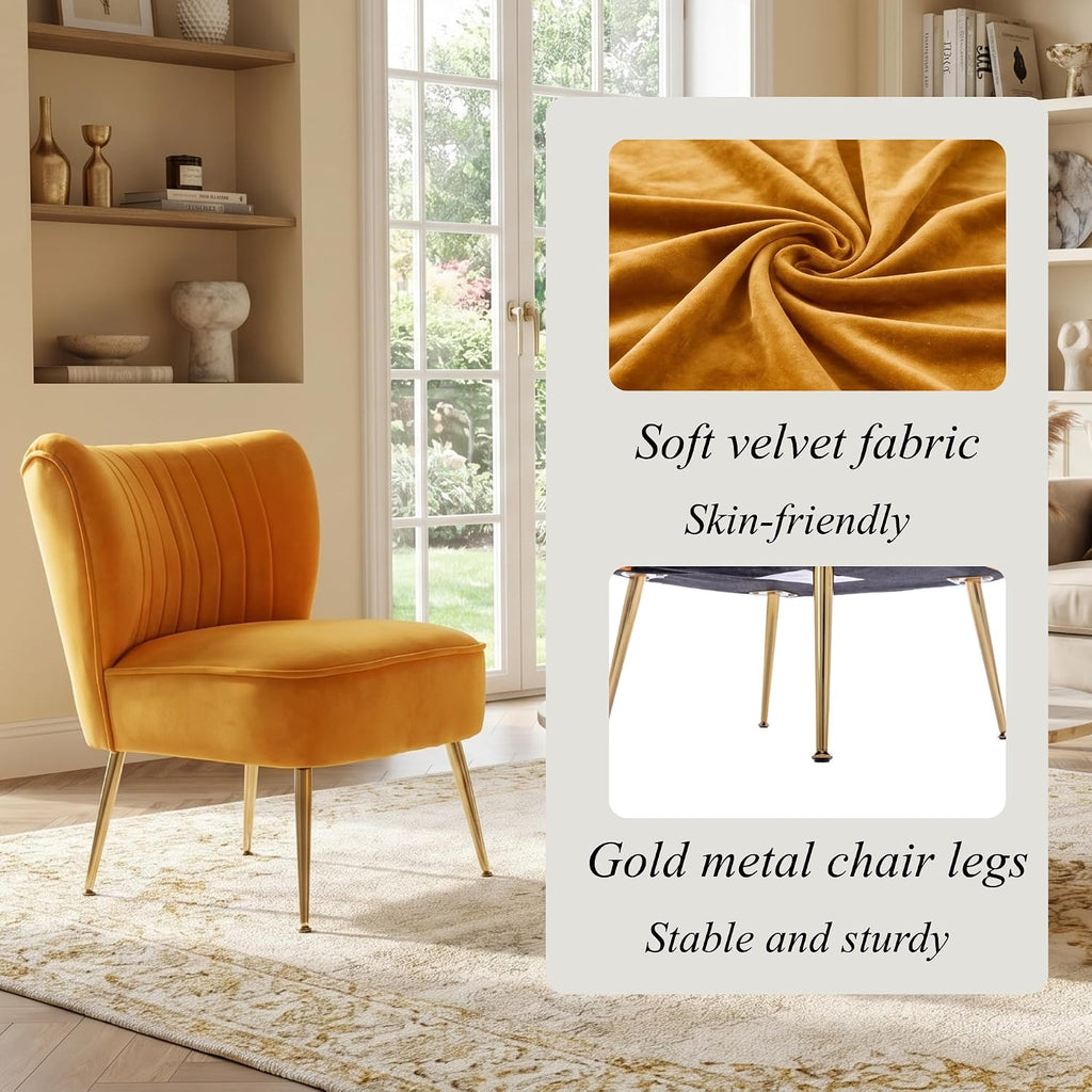 Velvet Accent Chair Set of 2 Comfy Living Room Chair Armless Slipper Mid Century Side Single Sofa Chair with Golden Legs Wingback for Bedroom Guest Room, Yellow