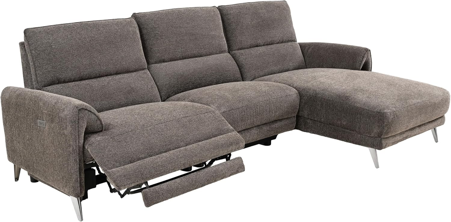 Furniture of America Drex Modern Chenille Sectional Recliner with Chaise and USB Ports, Reclining Sofa, L Shaped Comfy Couches for Living Room, Home Theater, Right Facing, Brown