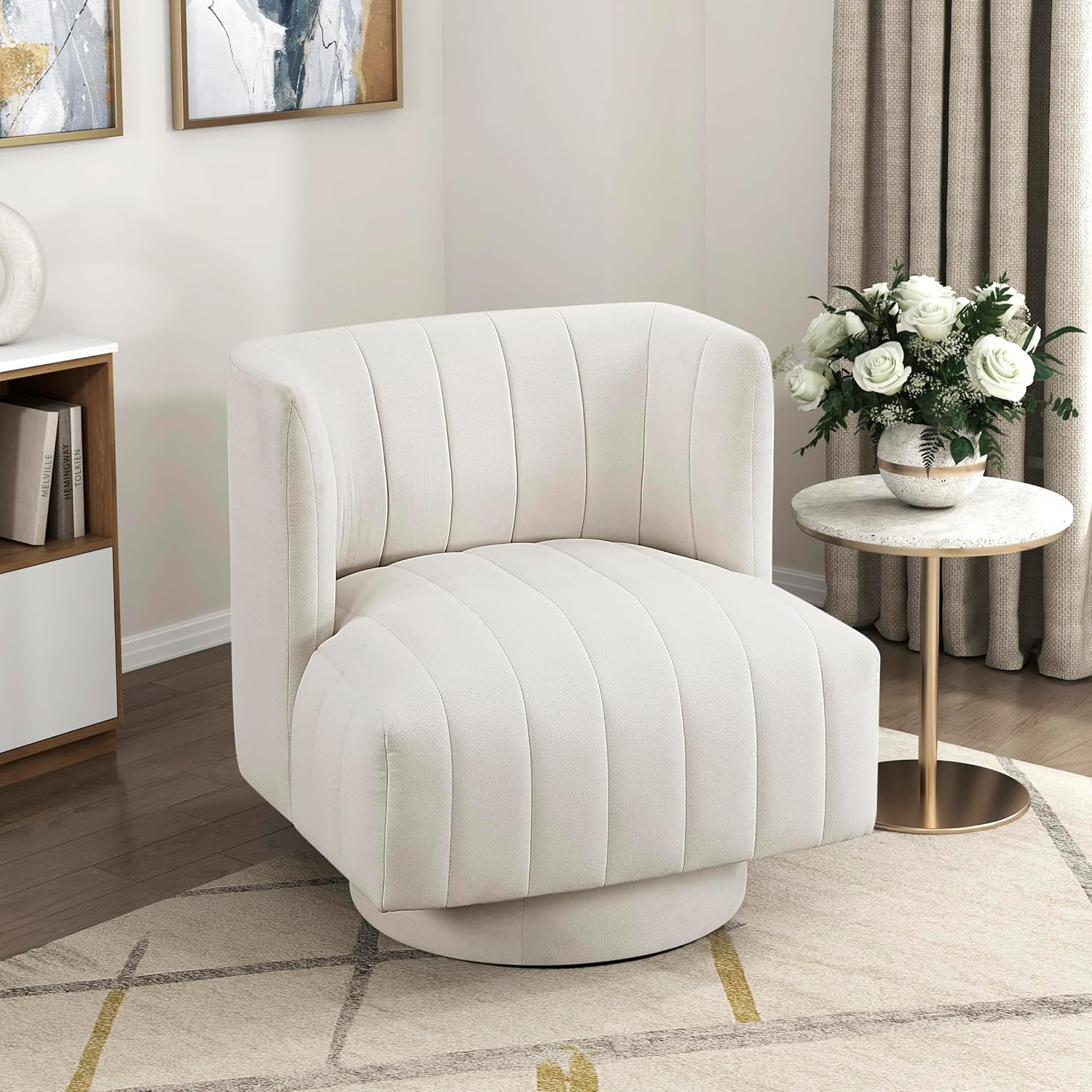 Lexicon Swivel Accent Chair, Textured Fabric Upholstered 360 Degree Swivel Barrel Chair with Channel Tufted, Comfort Seat, for Living Room, Bedroom, Office, Easy Assembly, Beige