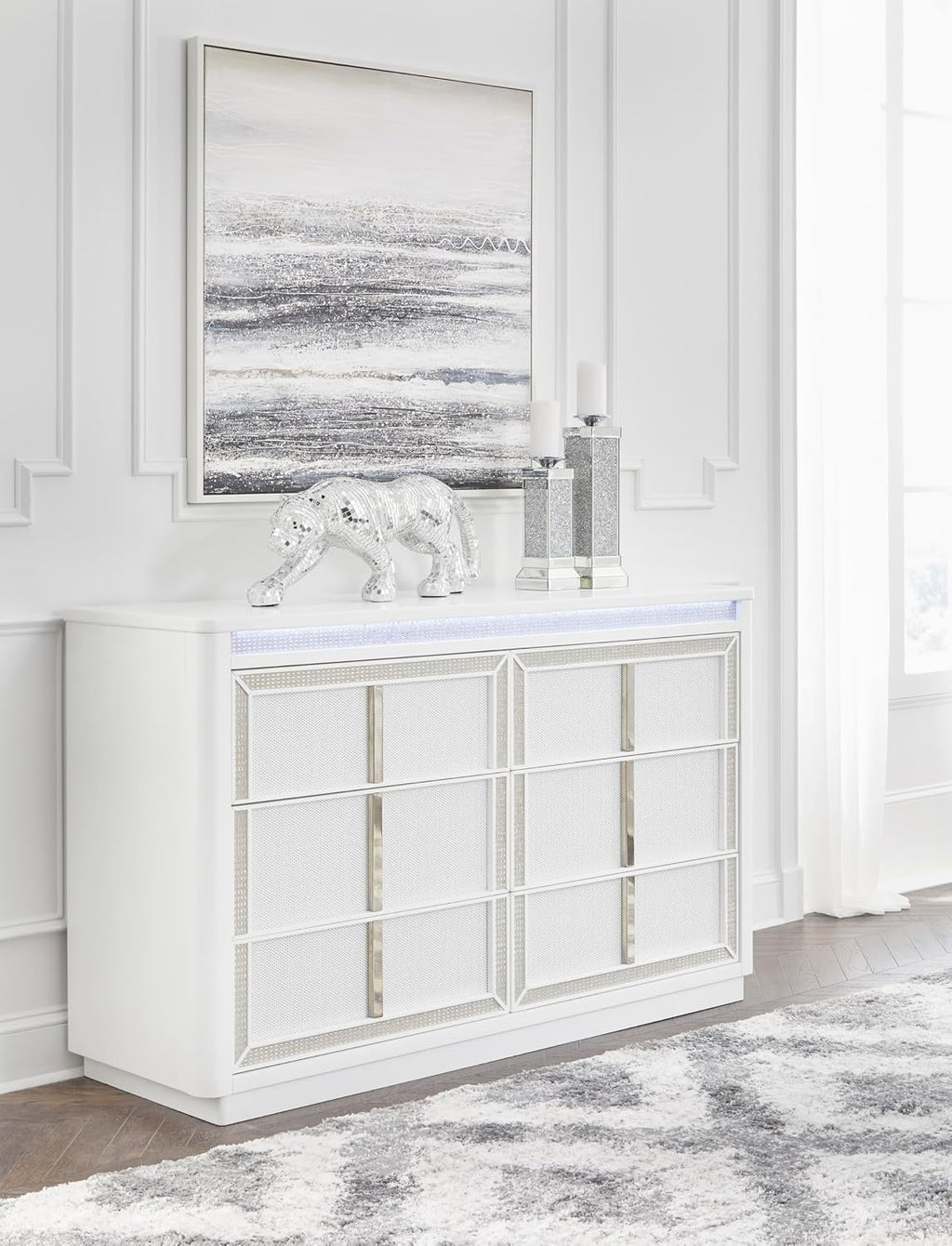 Signature Design by Ashley Chalanna Contemporary Dresser with 6 Drawers, Built-in LED Lighting, Rhinestone Details, Wood, White, 64' W x 20' D x 38.75' H