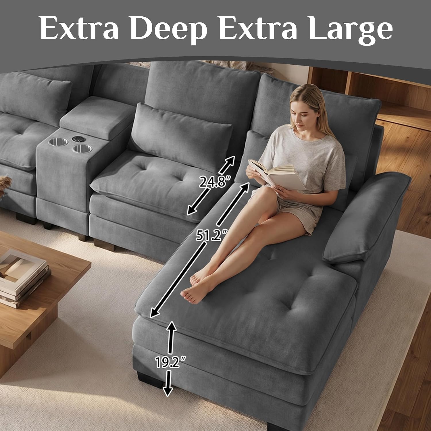 OUYESSIR 134' Oversized Grey Sectional Couches for Living Room,Fluffy Couch with Chaise Lounge&Tufted Buttons, U Shaped Living Room Sofa Set Furniture,Chenille 6 Seater Couch with Storage Console
