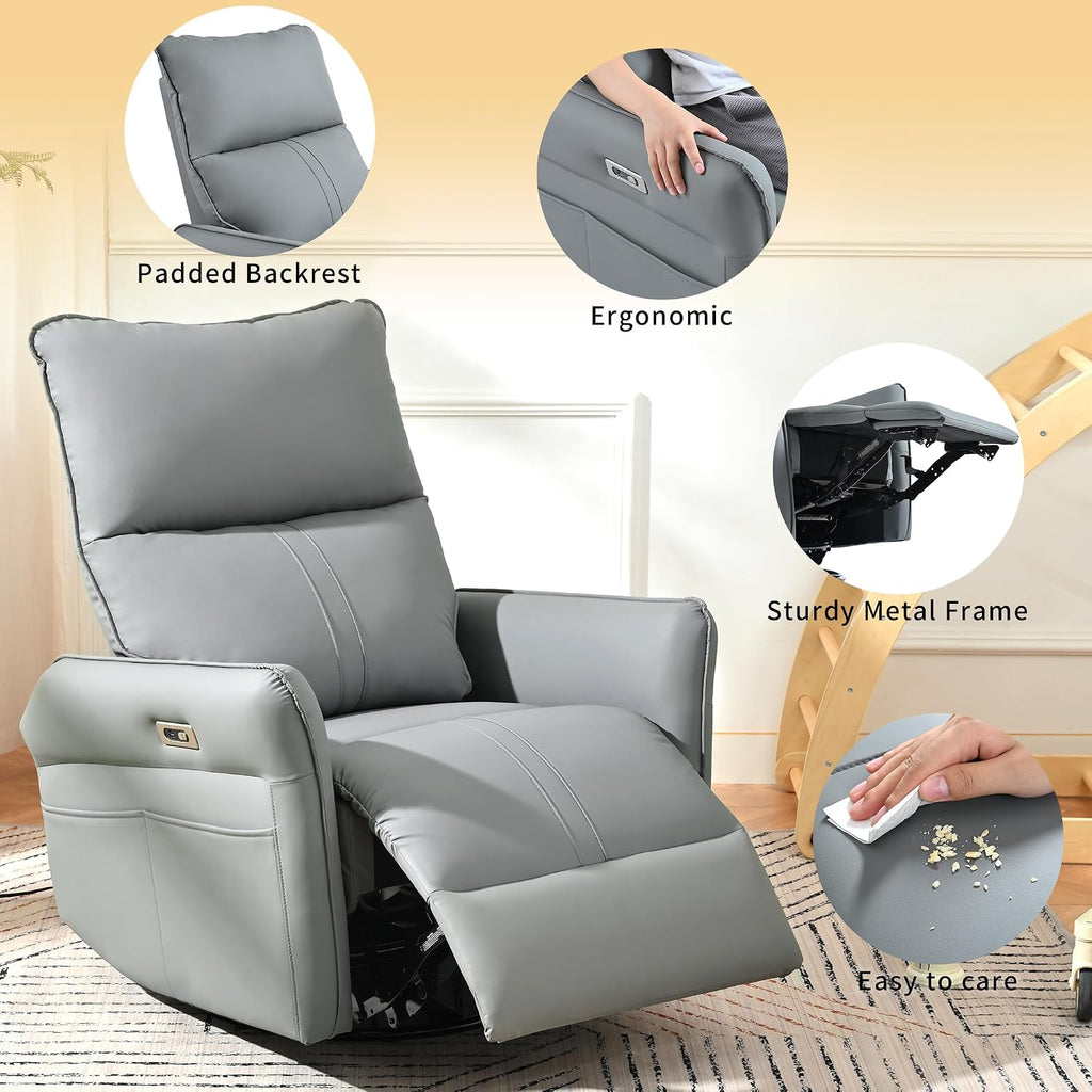 Ball & Cast Power Recliner Chair with USB and Type-c Ports,Swivel Rocker Recliner Sofa W/Padded Backrest,Infinite Position Power Lift Chair,for Living Room,Bedroom,Home Theaters,Blue-Gray