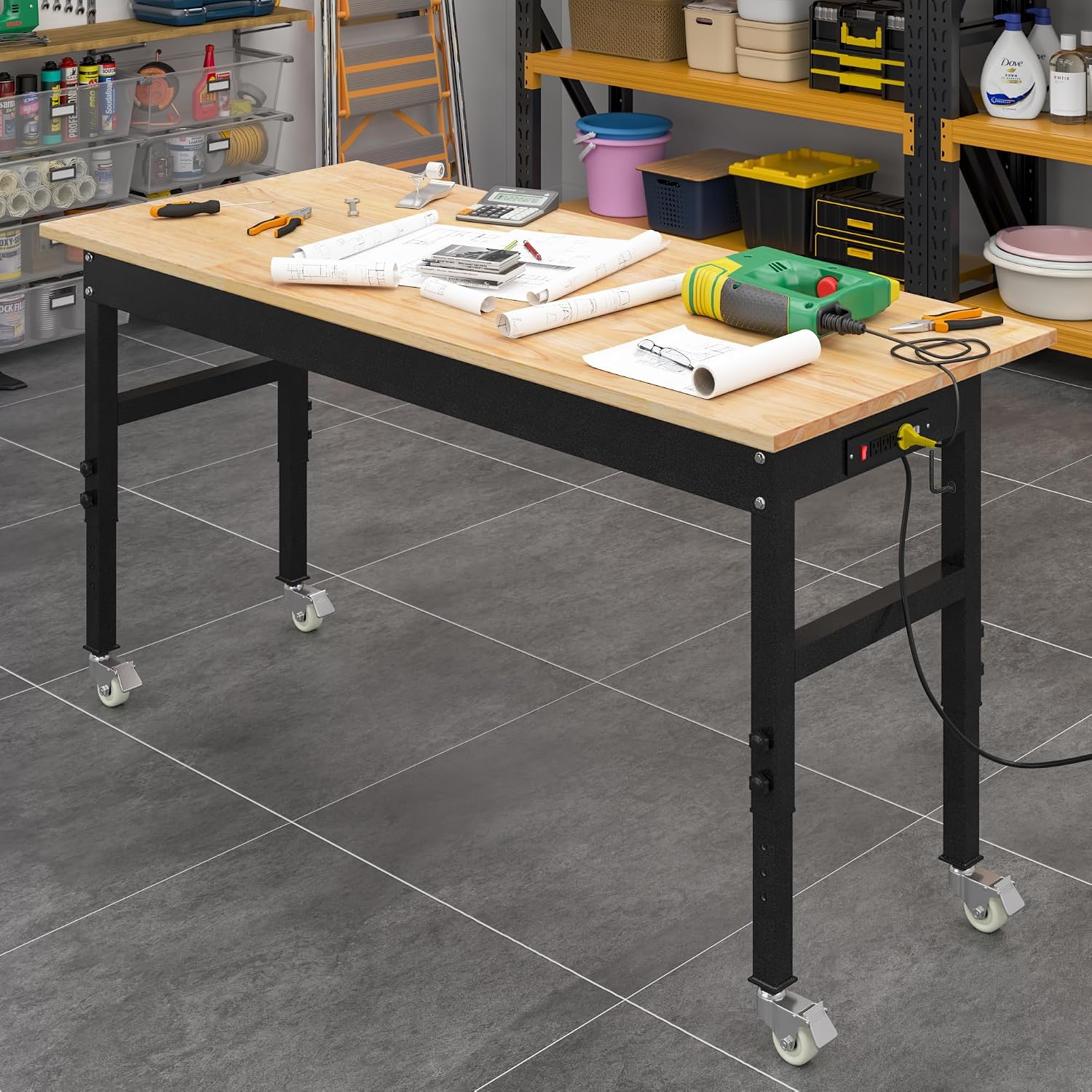 48' Adjustable Work Bench, Rubber Wood Top Workbench Heavy-Duty Work Table with Power Outlet,workbenches Wheels, 2000 LBS Load Capacity Hardwood Work Benches for Garage, Workshop, Home, Office