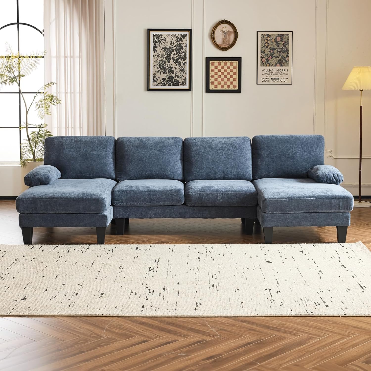 VINGLI 110' Sectional Couches for Living Room,U Shaped Couch with Double Chaise, 4-Seat Sofa Set with Corduroy Fabric for Home Furniture,Ocean Blue