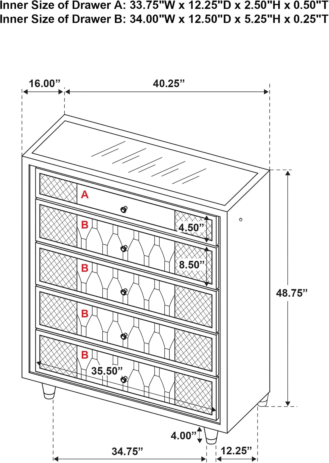 Coaster Home Furnishings - Lorient - Wood and Velvet - 5-Drawer Chest with Built-in LED Lighting, Crystal Knobs and English Dovetail Joinery - Bedroom - Ivory and Camel - 222665