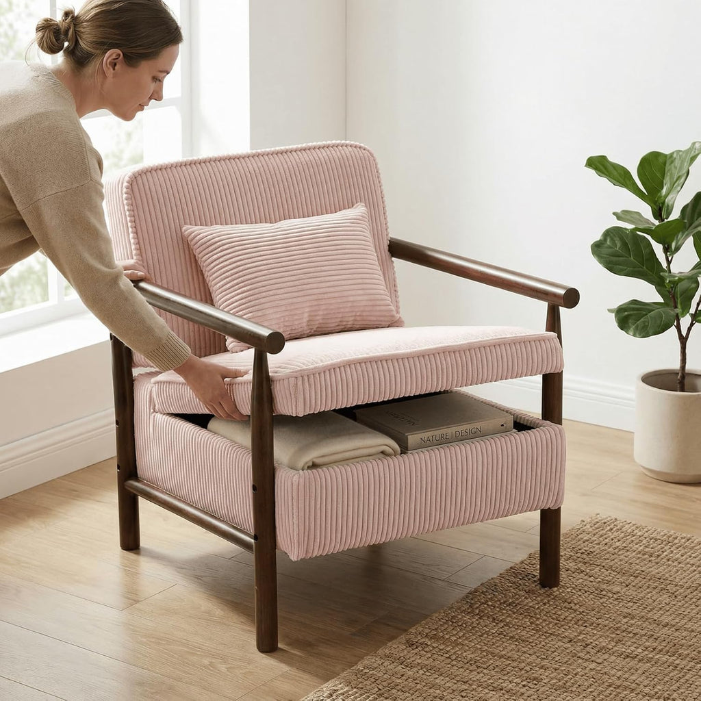 Accent Chair with Hidden Storage, Mid-Century Upholstered Armchair with Solid Wood Frame, Corduroy Fabric Accent Chair for Living Room, Bedroom, and Reading Corner(Pink)