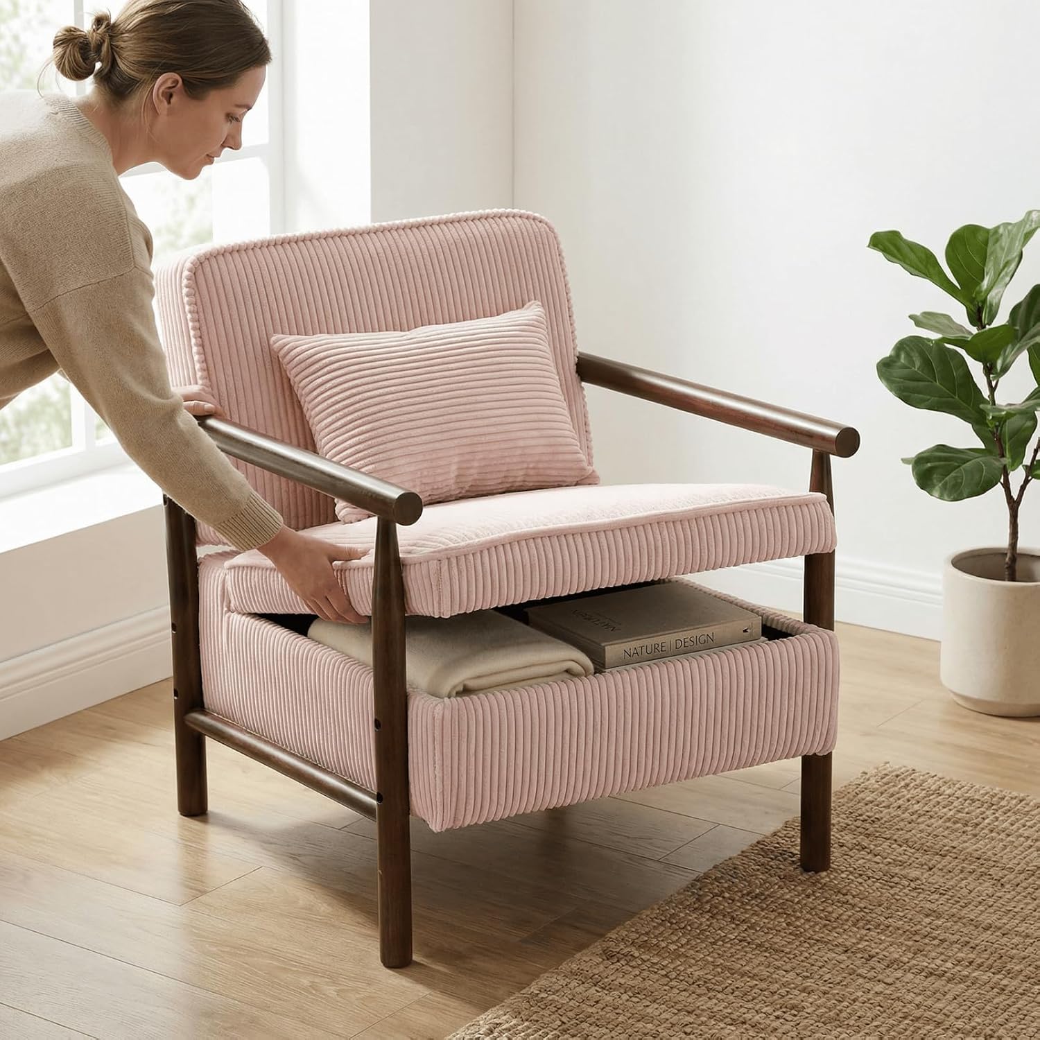 Accent Chair with Hidden Storage, Mid-Century Upholstered Armchair with Solid Wood Frame, Corduroy Fabric Accent Chair for Living Room, Bedroom, and Reading Corner(Pink)
