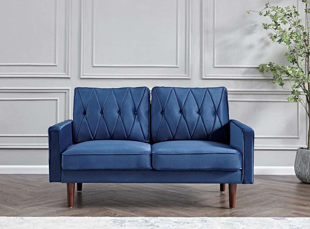 Container Furniture Modern Style Tufted Velvet Couches for Living Room with Soft Fabric Upholstery and Solid Wood Frame, 2 Piece Sofa and Loveseat Set, Dark Blue