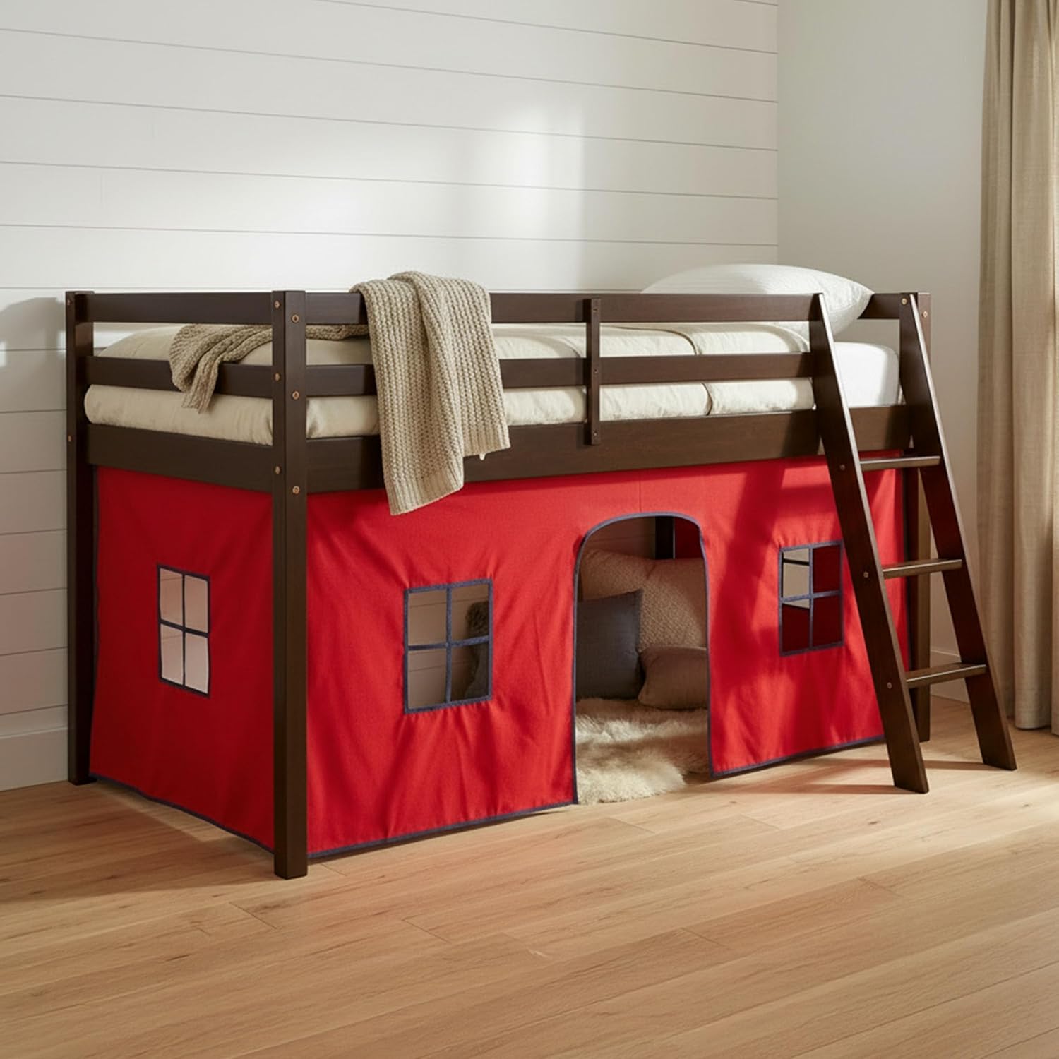 Alaterre Furniture Roxy Low Loft Bed Twin Size Frame with Tent - Solid Wood Loft Bed with Safety Guardrails, Inclined Ladder and Play Tent - No Box Spring Needed, Easy Assembly (Espresso & Red)