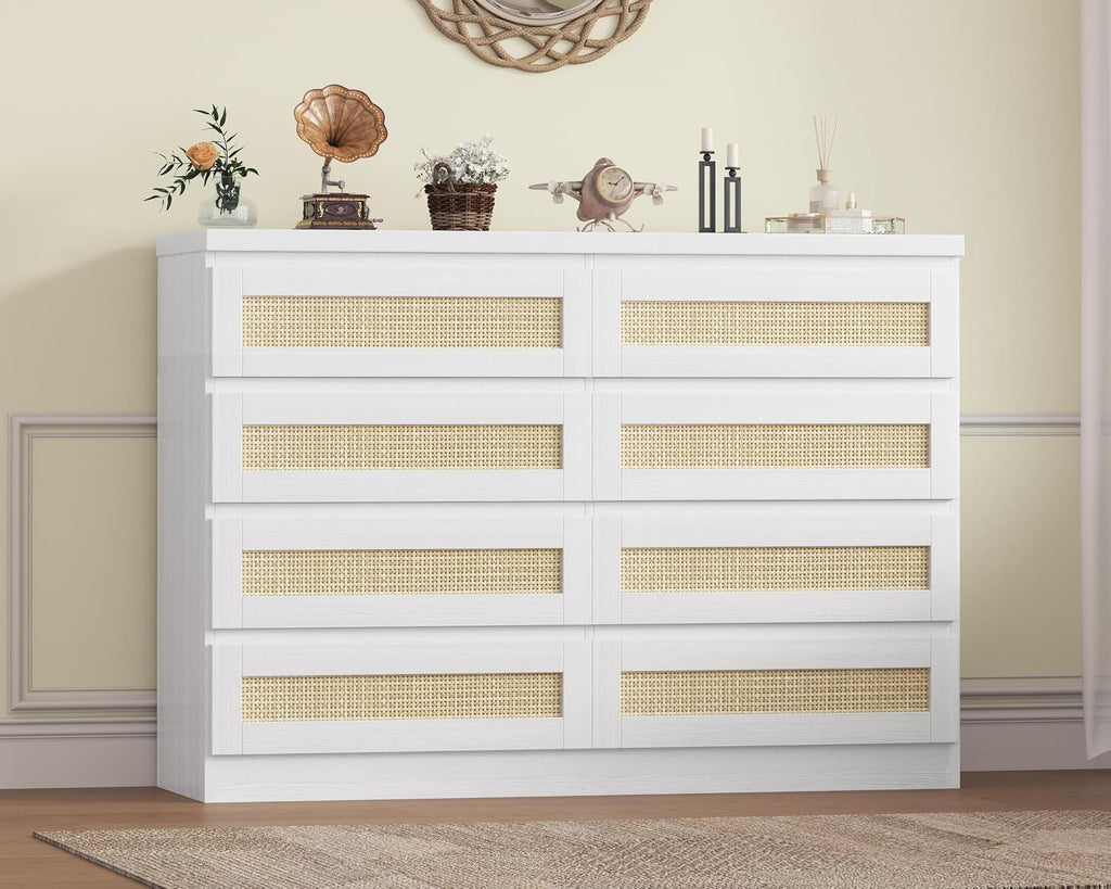 47 Inch Rattan 8 Drawer Dresser, Modern Farmhouse Chest of Drawers, Tv Stand Dresser Accent Furniture for Living Room, Bedroom, Entryway