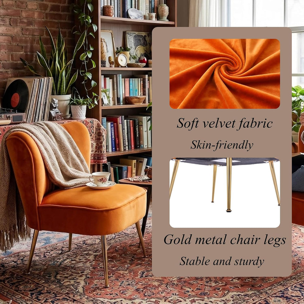Velvet Accent Chairs Set of 2 for Comfy Living Room Armless Slipper Chair Mid Century Side Chair Single Sofa with Golden Legs Wingback for Bedroom Guest Room, Orange