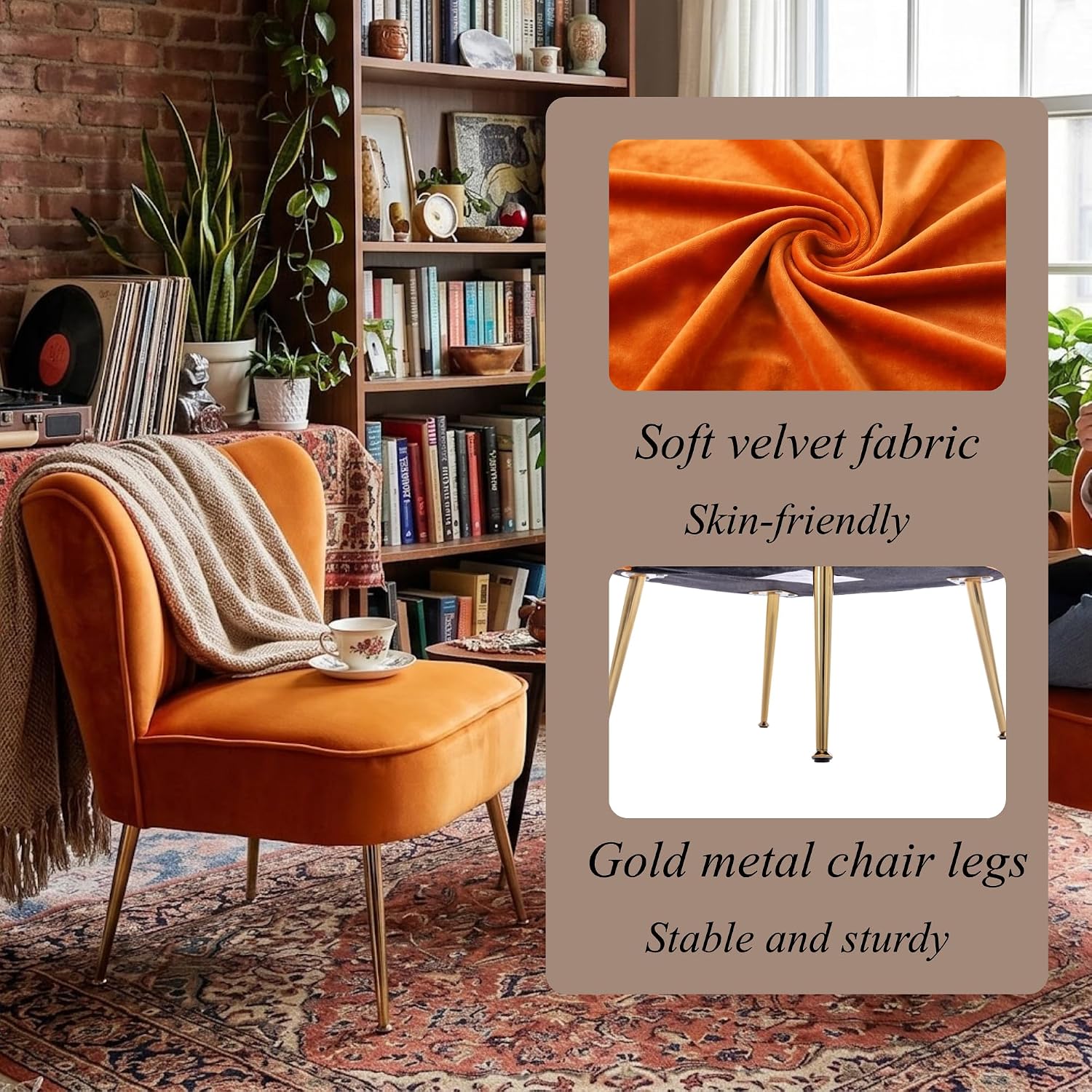 Velvet Accent Chairs Set of 2 for Comfy Living Room Armless Slipper Chair Mid Century Side Chair Single Sofa with Golden Legs Wingback for Bedroom Guest Room, Orange