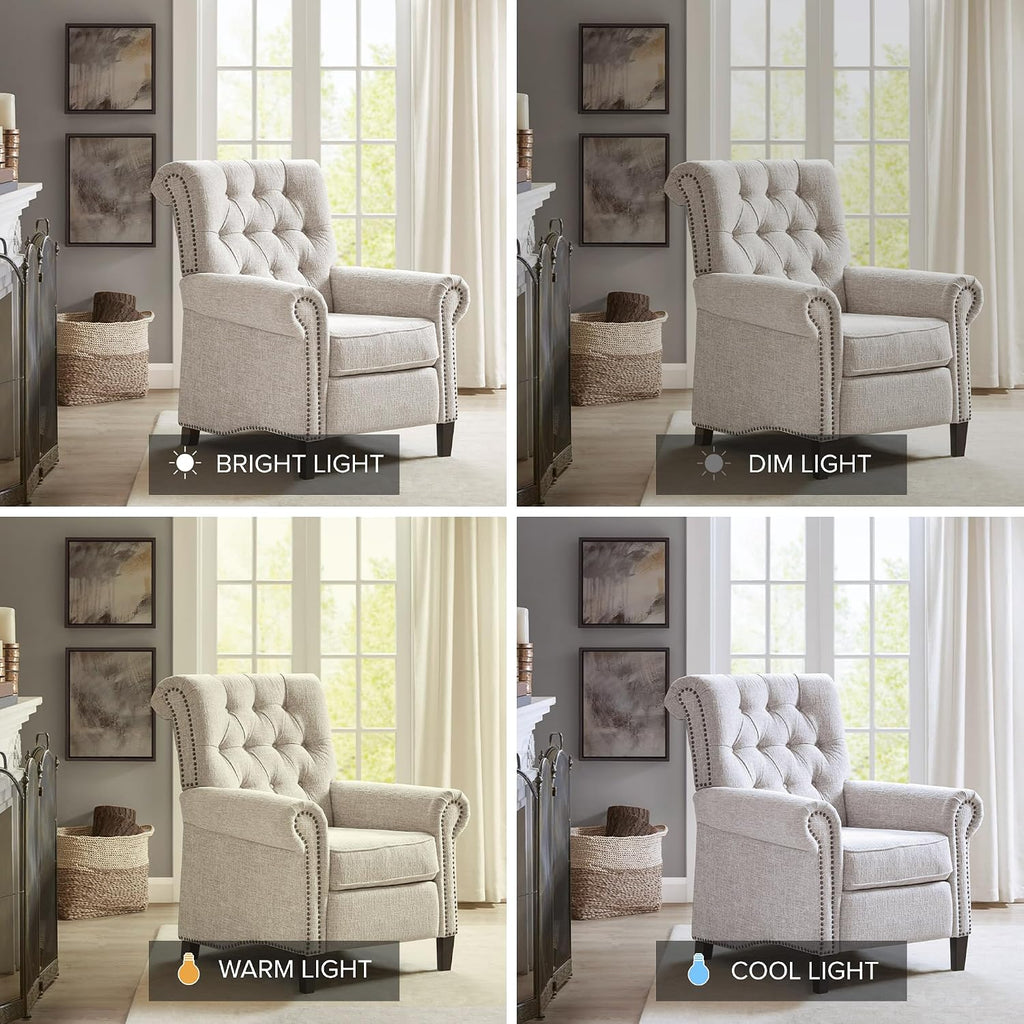 Madison Park Aidan Upholstered Manual Push Back Recliner Chair with Nailheads - Solid Wood, Plywood, Roled Back Button Tufted Accent Armchair Modern Classic Style Family Room Sofa Furniture, Cream