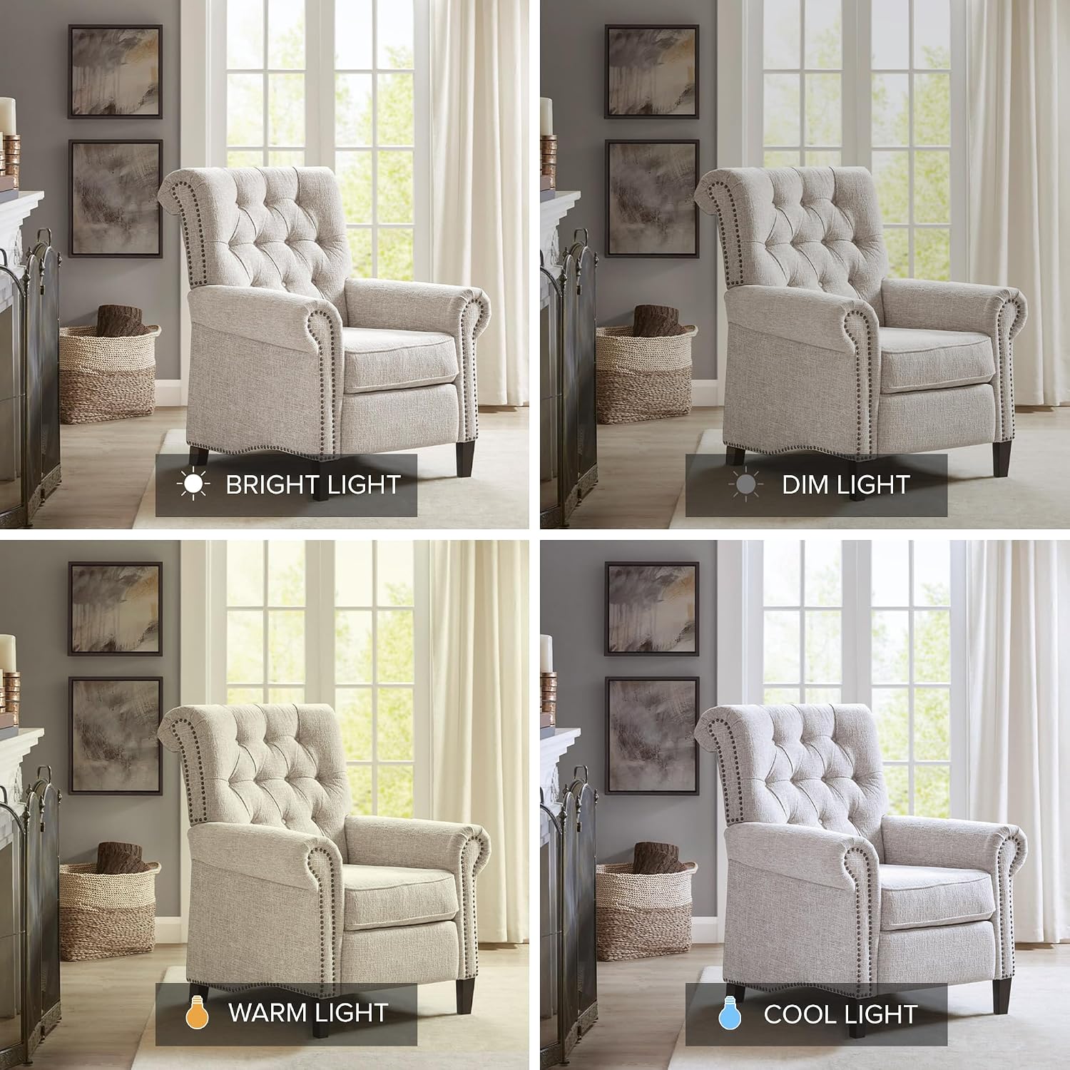 Madison Park Aidan Upholstered Manual Push Back Recliner Chair with Nailheads - Solid Wood, Plywood, Roled Back Button Tufted Accent Armchair Modern Classic Style Family Room Sofa Furniture, Cream