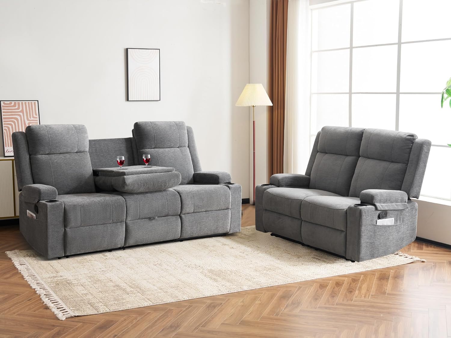 Manual Recliner Sofa Set for Living Room, Comfy Chenille Loveseat Recliner Sofa & Deep Seat Reclining Couch, RV Wall Hugger Loveseat Sofa Set for Living Room Furniture Sets(Gray)