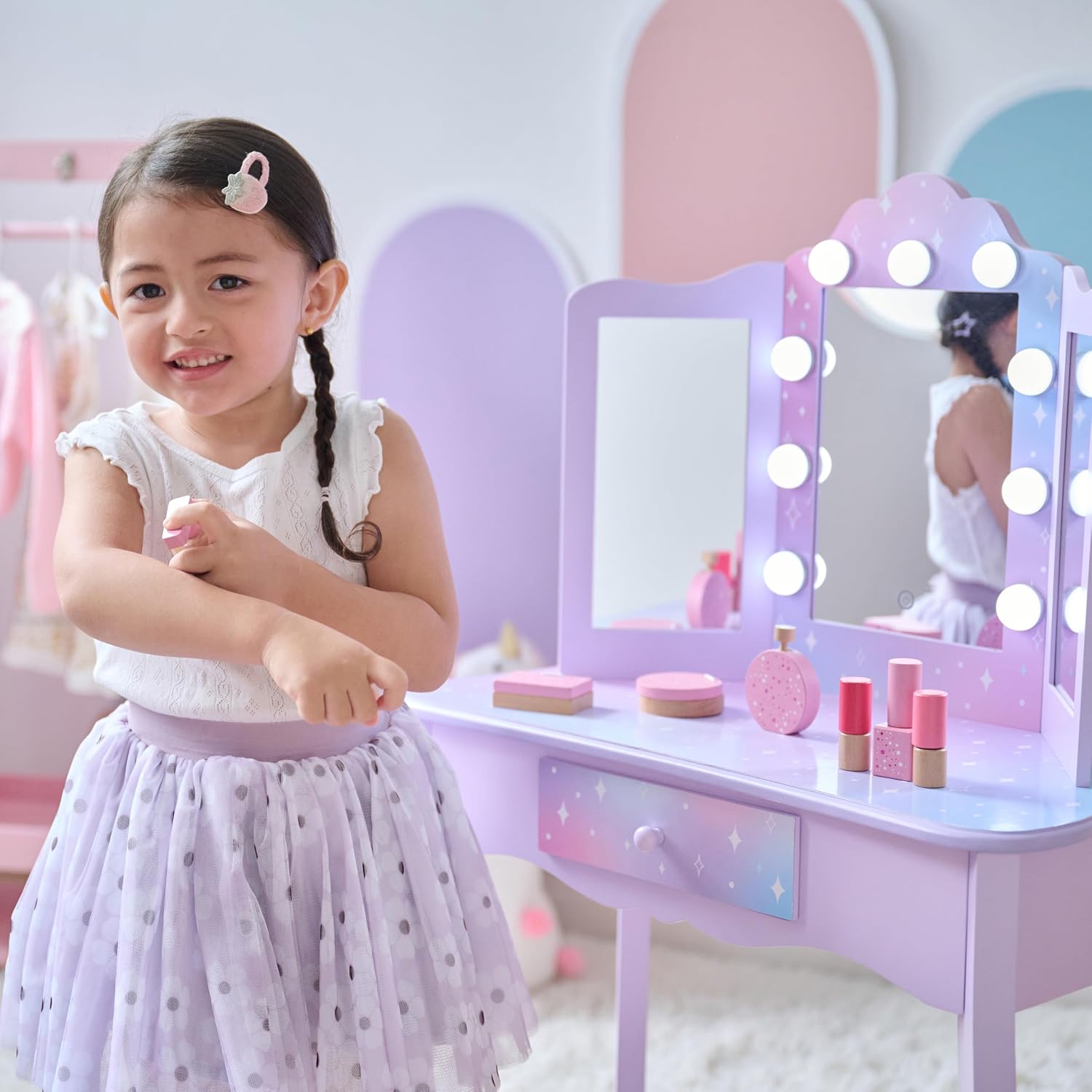 Teamson Kids Stardust Print Gisele Medium Vanity with LED Lights & Touch Sensor Mirror, Storage Drawer for Kids Pretend Play, Purple Elegant Dressing Table Set with Stool for Toddlers & Girls Ages 3+