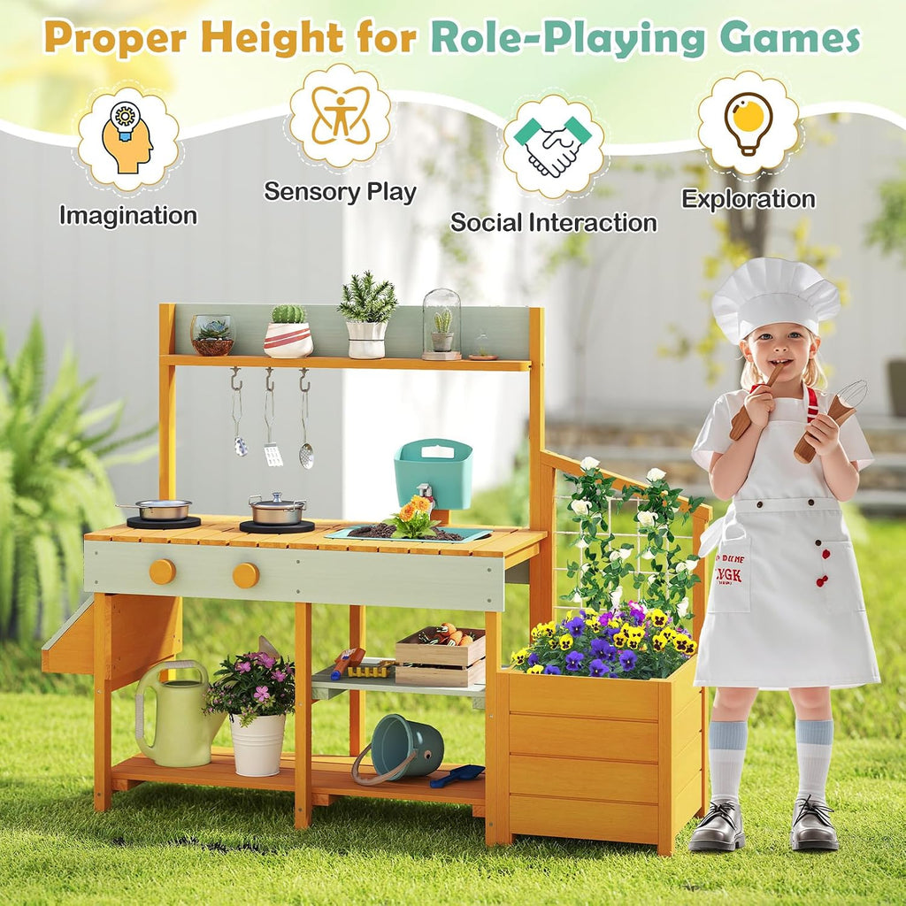 Costzon Mud Kitchen, Wooden Kids Potting Bench w/Removable Faucet, Sink, Stoves, Rotation Knobs, Planter Boxes, Trellis & Cooking Accessories, Mud Kitchen for Kids Outdoor 3-8 (Yellow)