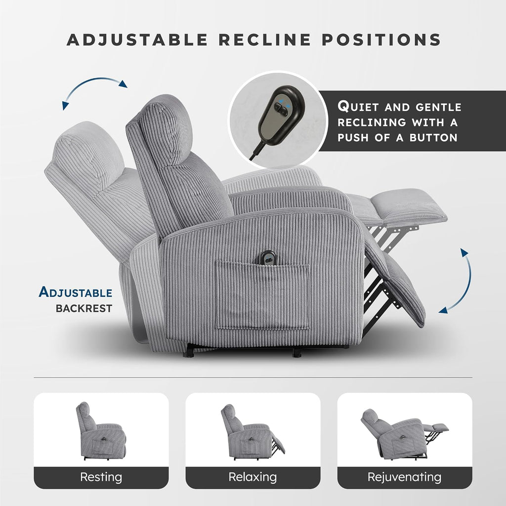 Lexicon Power Lift Recliner Chair for Elderly with Remote Control, Gentle Lift Motion, Side Pocket Armrest, Corduroy Upholstered Electric Recliner for Living Room/Bedroom, Easy Assembly, Dark Gray