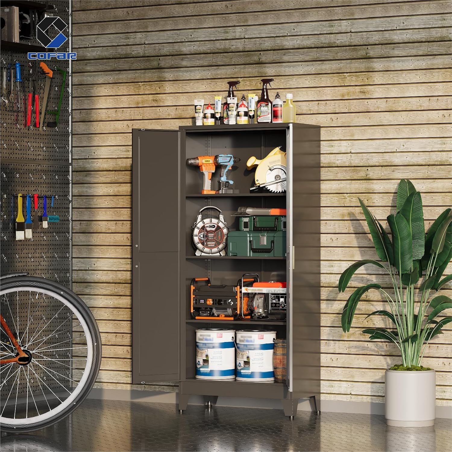 COFaR 61'' Tall Metal Storage Cabinet, Farmhouse Kitchen Pantry Cabinet with Doors and 3 Adjustable Shelves, Black Metal Cabinets for Garage, Kitchen, Bathroom, Laundry, 4-Tier