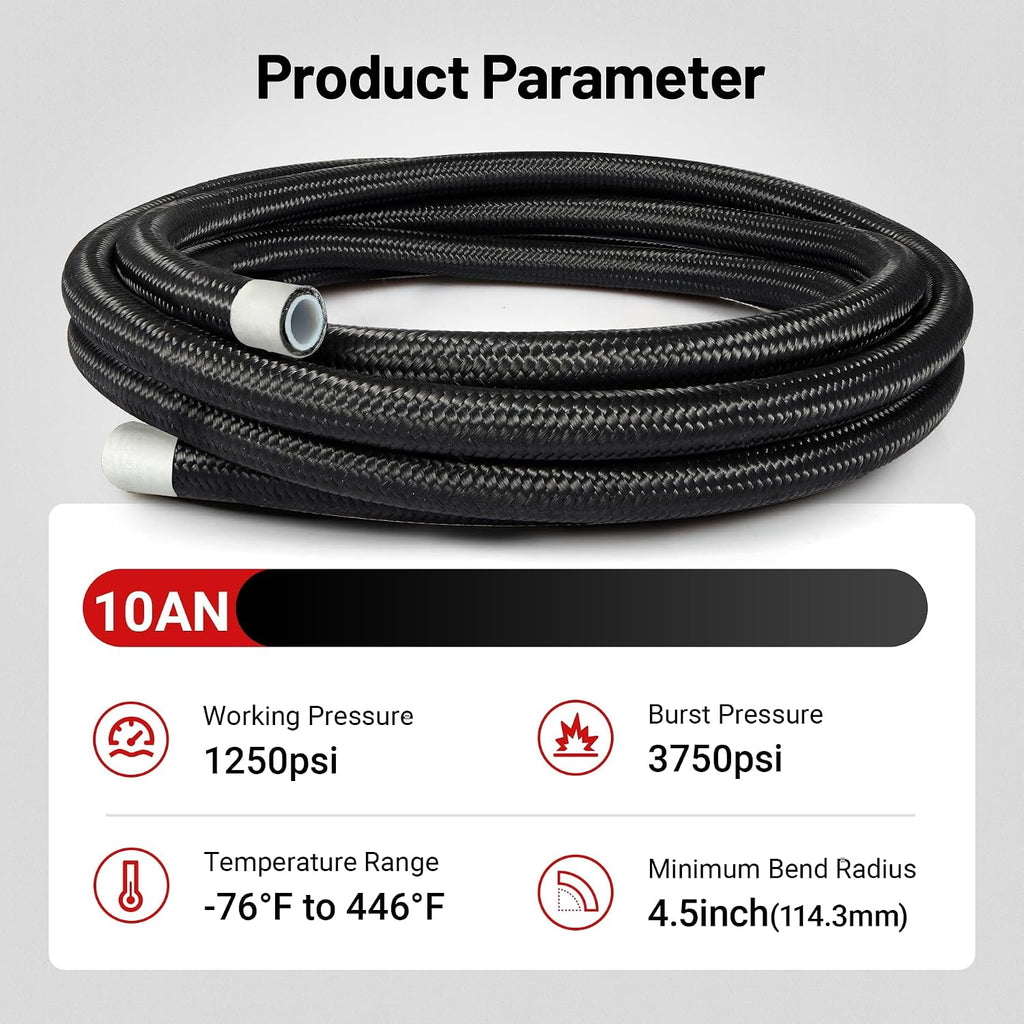 EVIL ENERGY 10AN PTFE Fuel Line Kit, AN10 E85 Nylon Braided Fuel Hose kit 10FT Black PTFE Hose