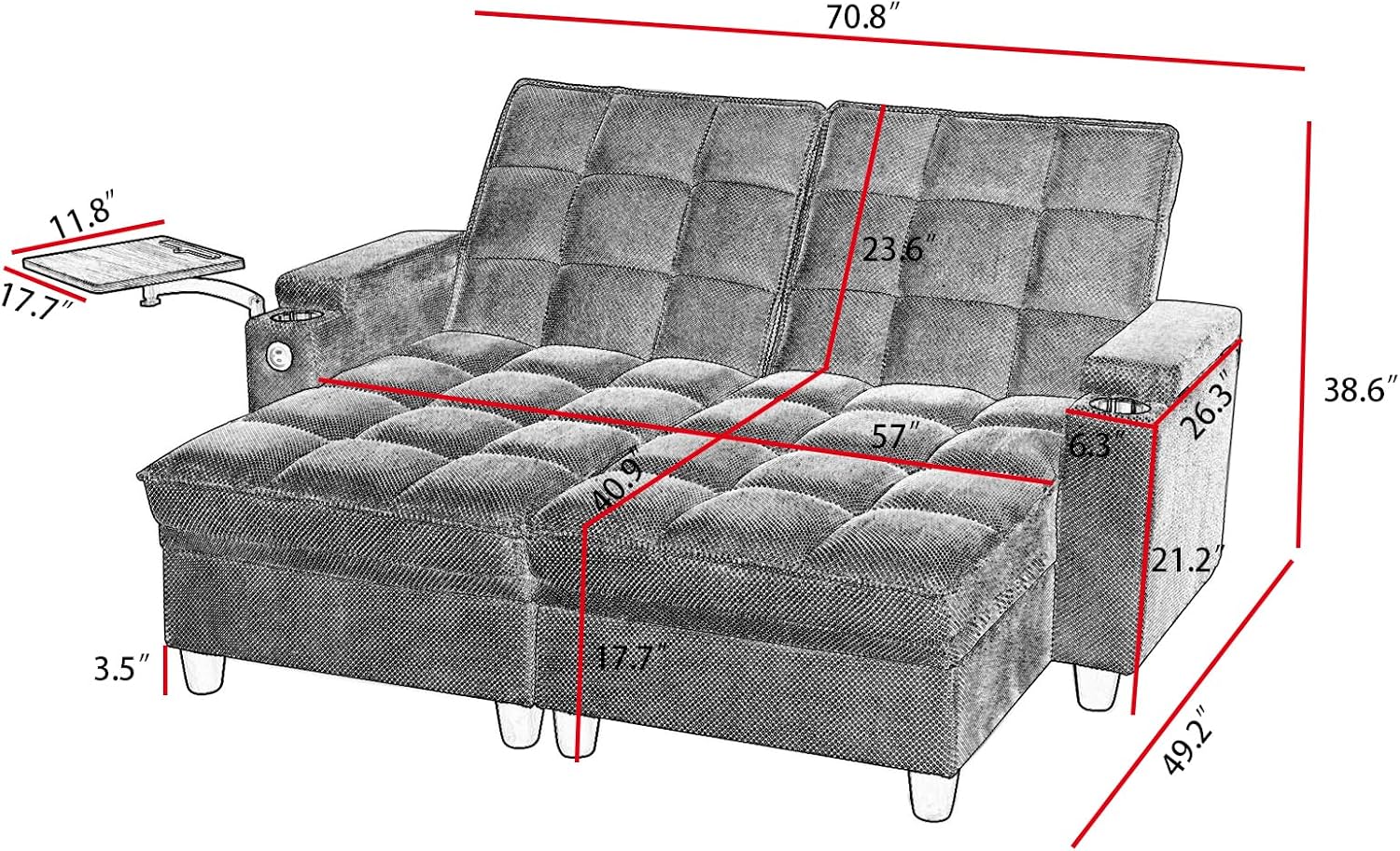 Eafurn Double Chaise Lounge Convertible Sleeper Chair Sofabed W/Storage and 6-Position Reclining Backrest, Modern Tufted Recliner Lounge Chaise Couch with Swivel Table & USB for Living Room