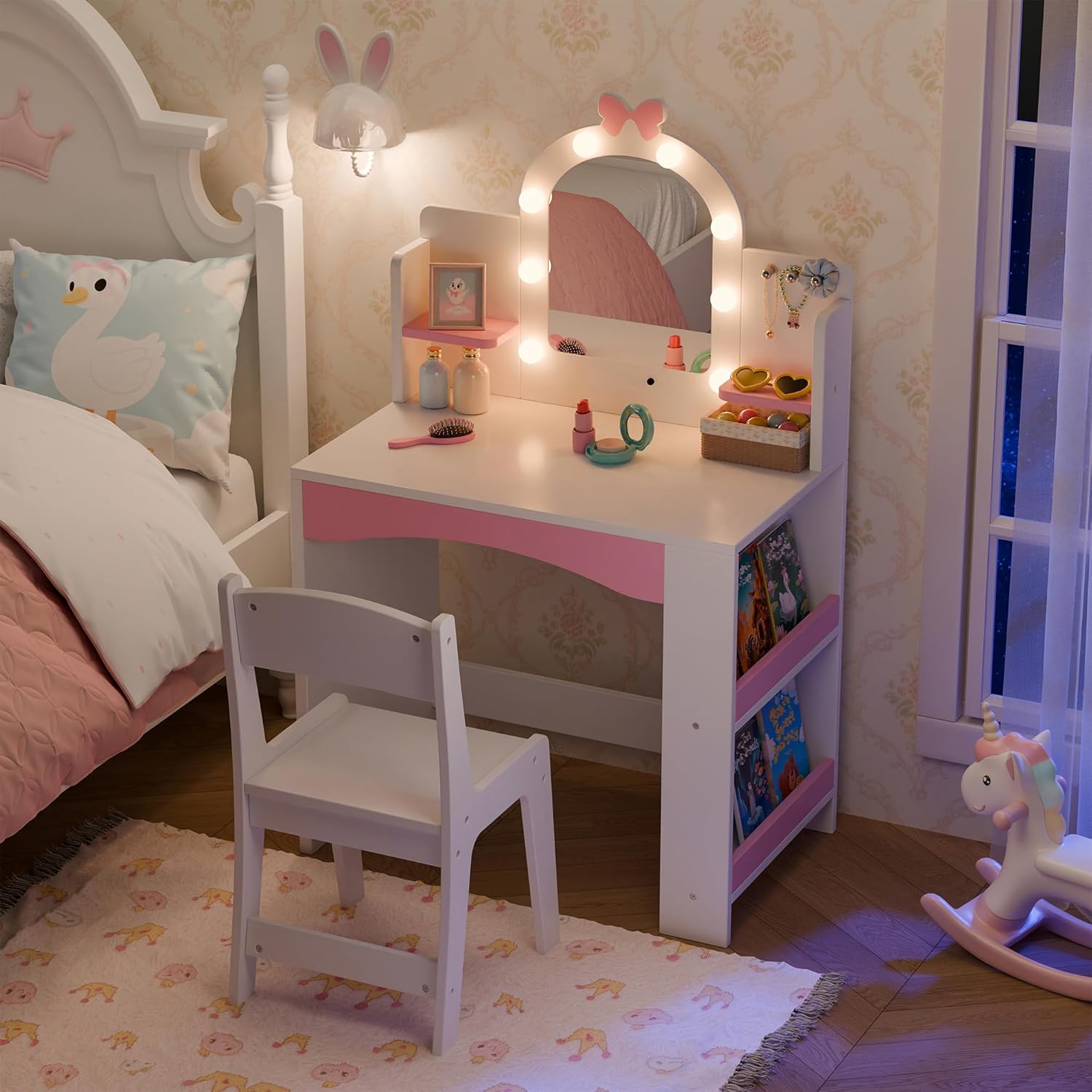 Girls Vanity with Lights, Kids Vanity Table and Chair Set for Princess, Toddler Makeup Vanity Desk with Open Bookshelf, Storage Cabinet & Side Shelves, Stools, White