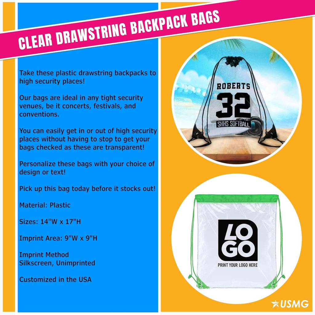 USMG Personalized Clear Drawstring Bags – Custom One Color Imprint for Business & Events (Clear/Black, QTY 50)