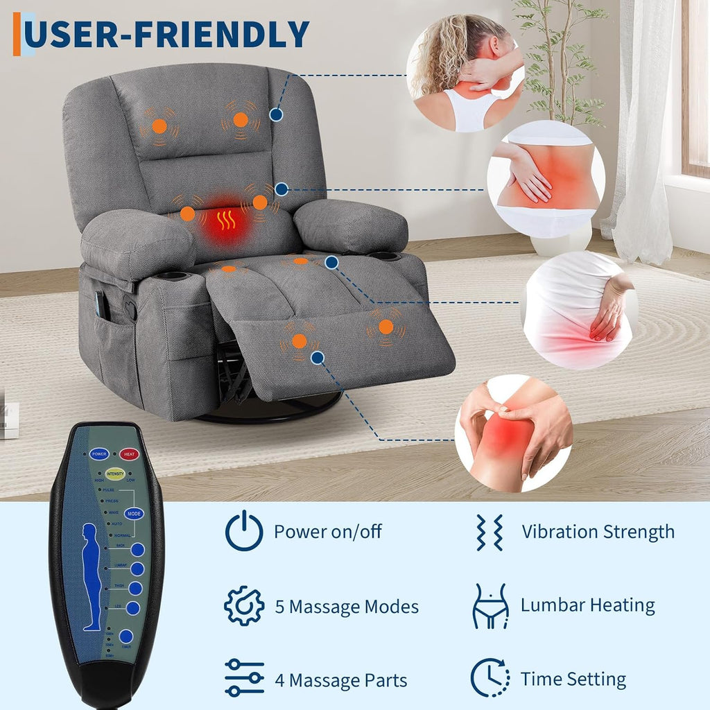 Massage Recliner Chair for Living Room, Chenille Rocker Recliner Chair for Adults with Vibration Massage and Heat, Adjustable Home Theater Seating for Living Room, Bedroom, 360° Swivel, Grey