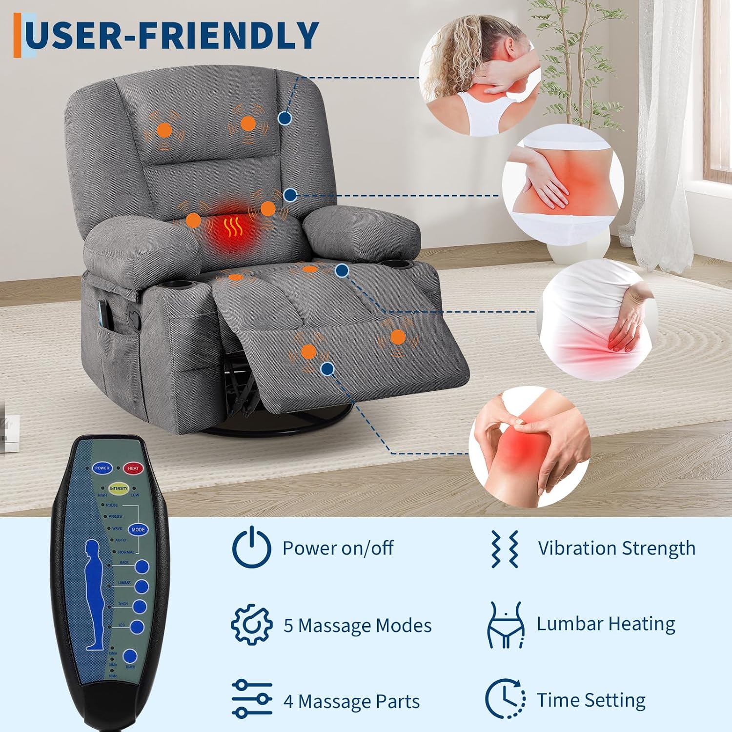 Massage Recliner Chair for Living Room, Chenille Rocker Recliner Chair for Adults with Vibration Massage and Heat, Adjustable Home Theater Seating for Living Room, Bedroom, 360° Swivel, Grey