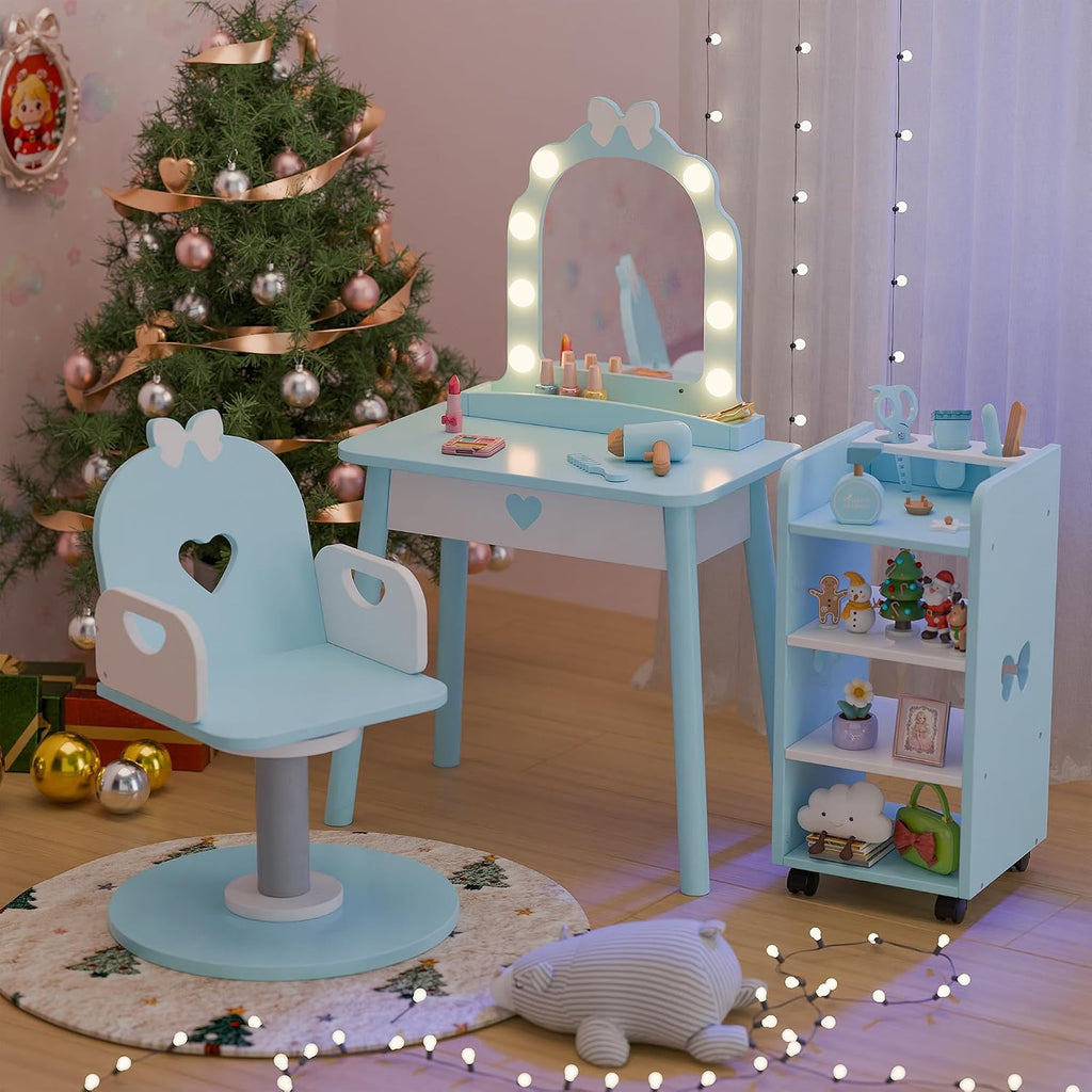 Ice Blue Kids Vanity Set with Light and Barber Chair, Makeup Dressing Vanity Table with Storage Shelf and Hair Salon Play Set 7 pcs Accessories, Pretend Play Vanity Set for Toddler Girls