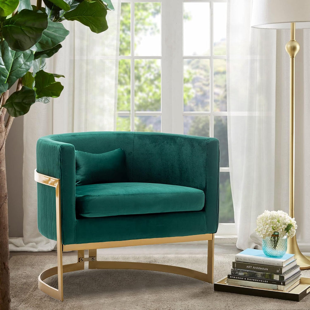 Velvet Accent Chair Green Modern Upholstered Barrel Chair, Wide Arm Chairs for Living Room Bedroom Club Side Chairs with Gold Legs