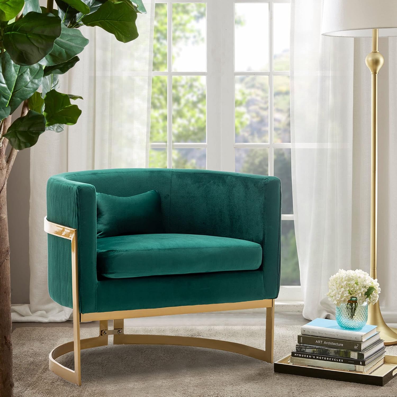 Velvet Accent Chair Green Modern Upholstered Barrel Chair, Wide Arm Chairs for Living Room Bedroom Club Side Chairs with Gold Legs