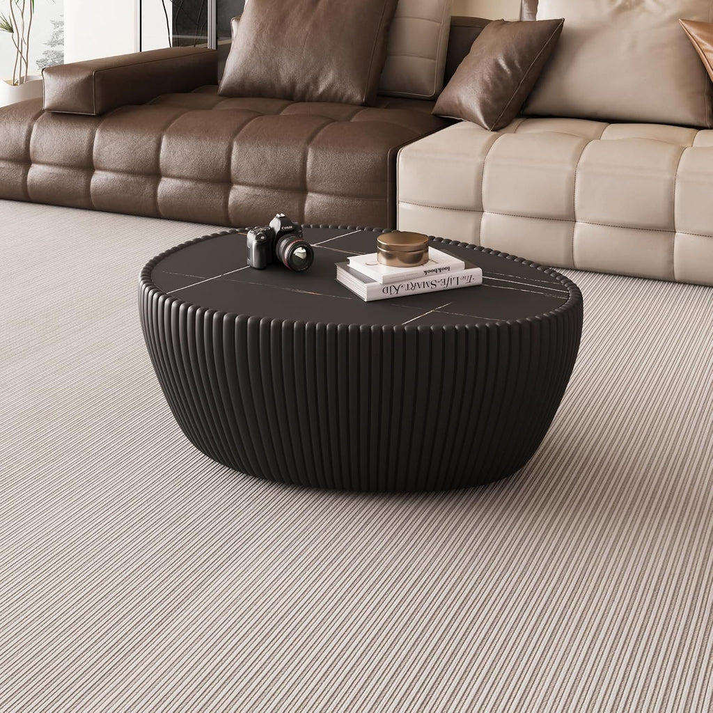KEIKI 32.1' Goose Eggs Shape Coffee Table, Modern Sofa Side Table with Marble Top & Leather Wrap, Small End Table for Living Room, Bedroom, Office, Black