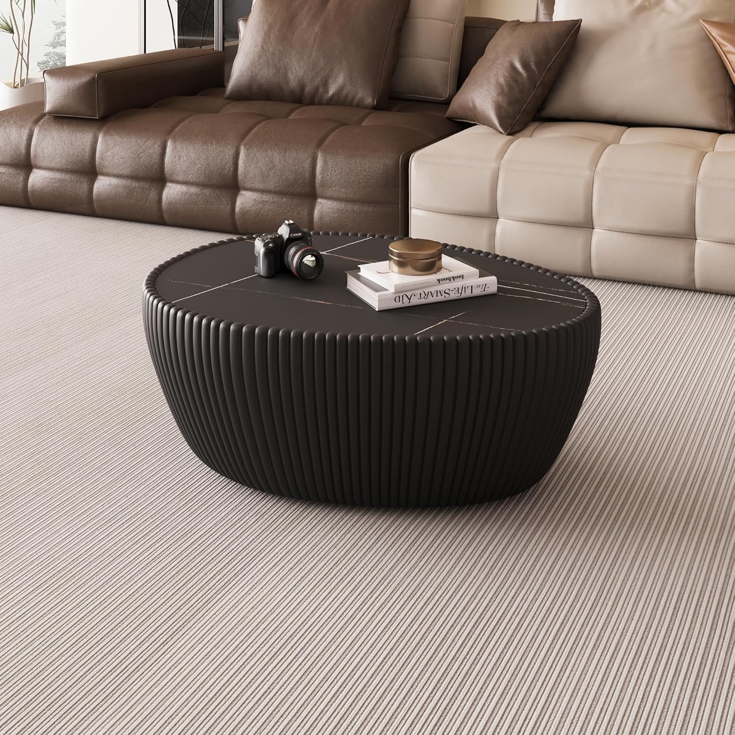 KEIKI 32.1' Goose Eggs Shape Coffee Table, Modern Sofa Side Table with Marble Top & Leather Wrap, Small End Table for Living Room, Bedroom, Office, Black