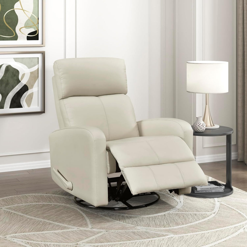Lexicon Swivel Glider Reclining Chair, Top Grain Leather Match Manual Pull Handle Recliner, Comfy Nursery Glider Recliner, Swivel Reclining Chair for Living Room/Office/Bedroom/Apartment, Beige