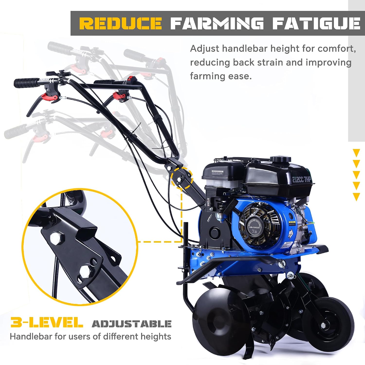 212CC 7HP Gas Tiller, 22' Adjustable Width, 4-Cycle Engine Cultivator with Instant Reverse, Heavy-Duty Steel Tines for Hard Soil, New Ground Breaking, Weed & Deep Cultivation (Blue)