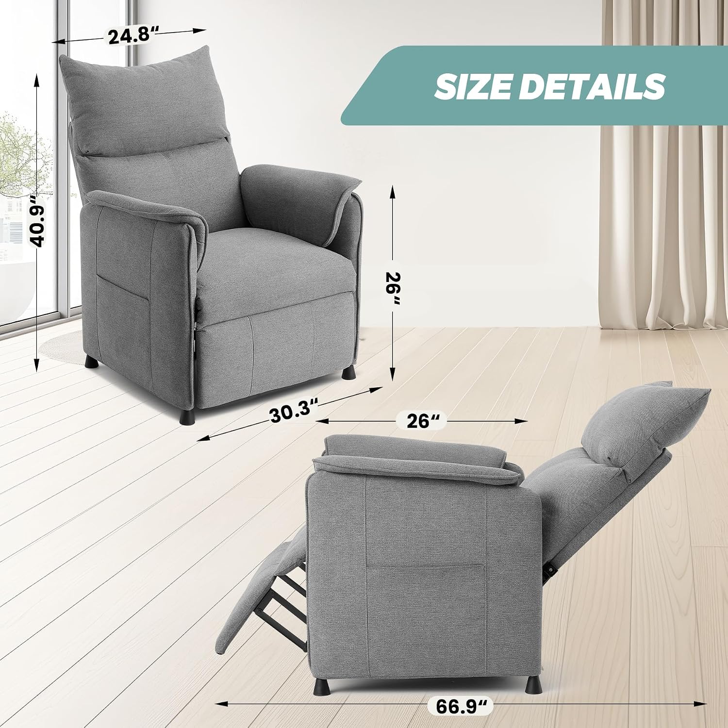 GarveeHome Elertric Recliner Chair with Massage and Heat, Adjustable Single Recliners Sofa with Remote Control Home Theater Seating &Armchair for Living Room/Office (Fabric, Grey)