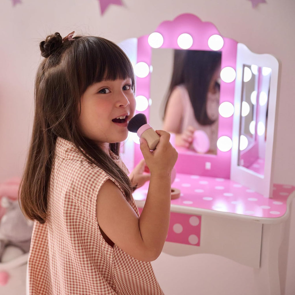 Teamson Kids - Fashion Polka Dot Prints Gisele Play Vanity Set with LED Lights - Pink/White