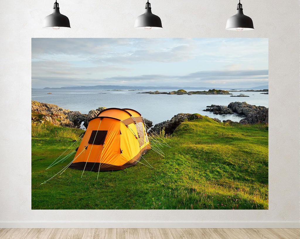 Trykid 20x10ft Orange Tent Coastal Shoreline Backdrop Serene Seaside Camping Landscape Photography Background Nature Decor Tapestry Party Decoration Photo Studio Prop Fabric