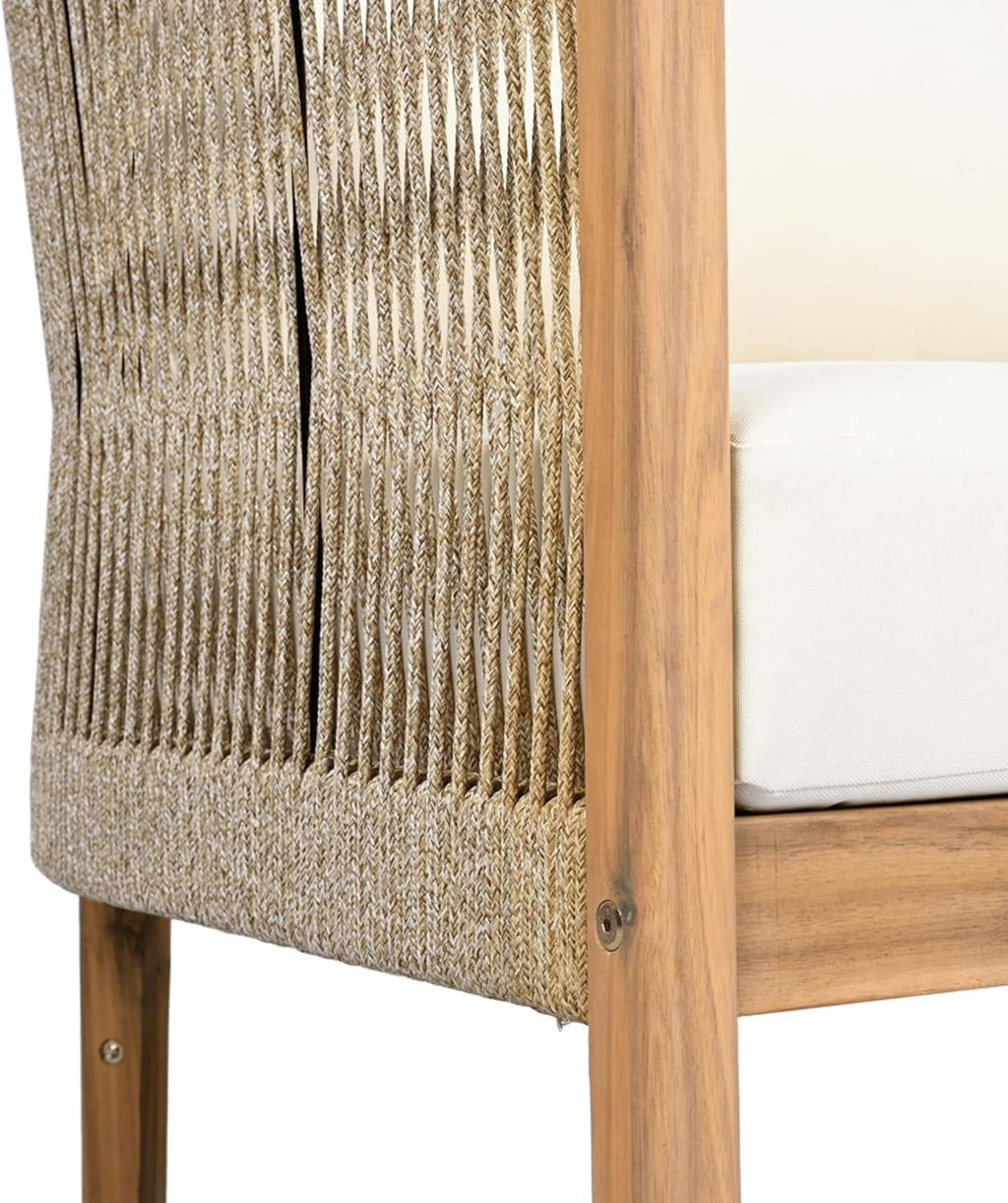 Christopher Knight Home Havets 77'W Outdoor 3 Seater Sofa, 6' Thick Cushion Couch, Acacia Wood Bench Sofa, Comfy Woven Rope Armchair, Spacious Seating Bench Couch for Backyard Garden Porch, Teak+Beige