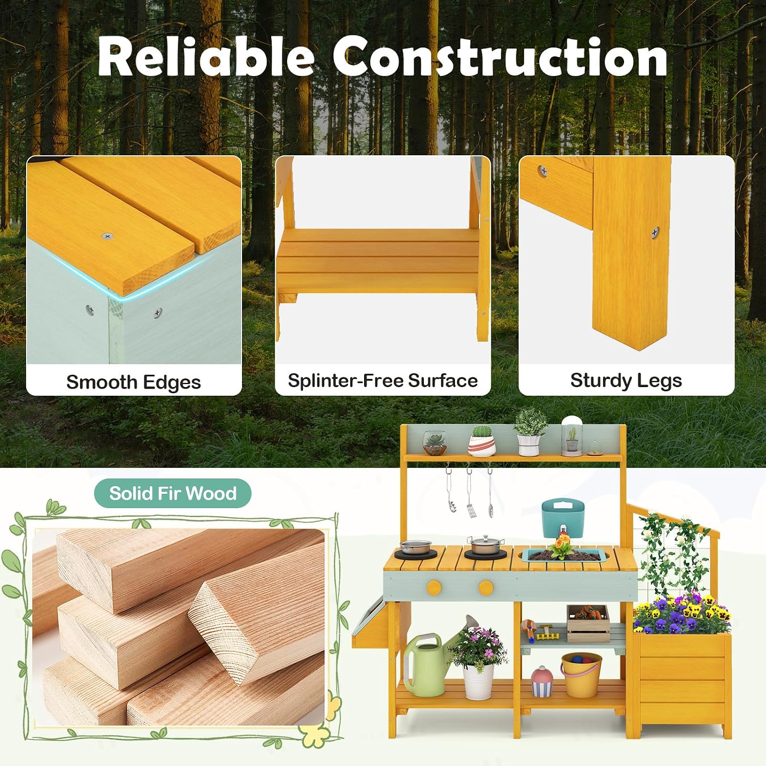 Costzon Mud Kitchen, Wooden Kids Potting Bench w/Removable Faucet, Sink, Stoves, Rotation Knobs, Planter Boxes, Trellis & Cooking Accessories, Mud Kitchen for Kids Outdoor 3-8 (Yellow)