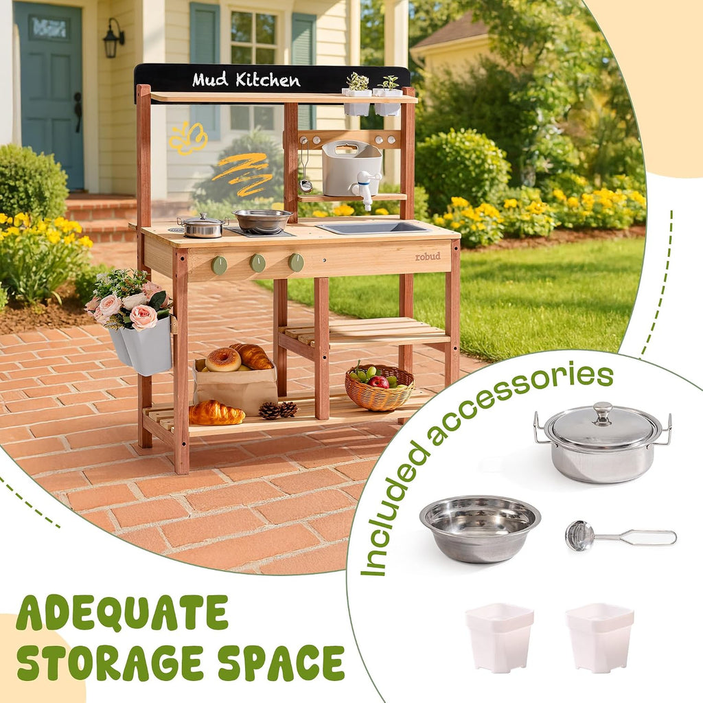 Robud Mud Kitchen, Wooden Outdoor Kitchen for Kids, Pretend Play Set with Sink, Faucet, Planting Pots, Cooking Accessories, Ideal Gift for Boys Girls Ages 3+