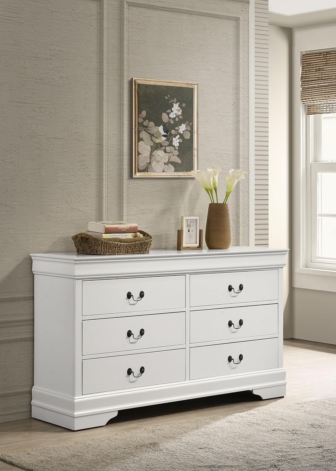 Coaster Home Furnishings - Louis Philippe - Wood - 6-Drawer Dresser with Traditional Style, Molded Trim, Bracket Feet, Center Metal Glides - Bedroom - White - 202443