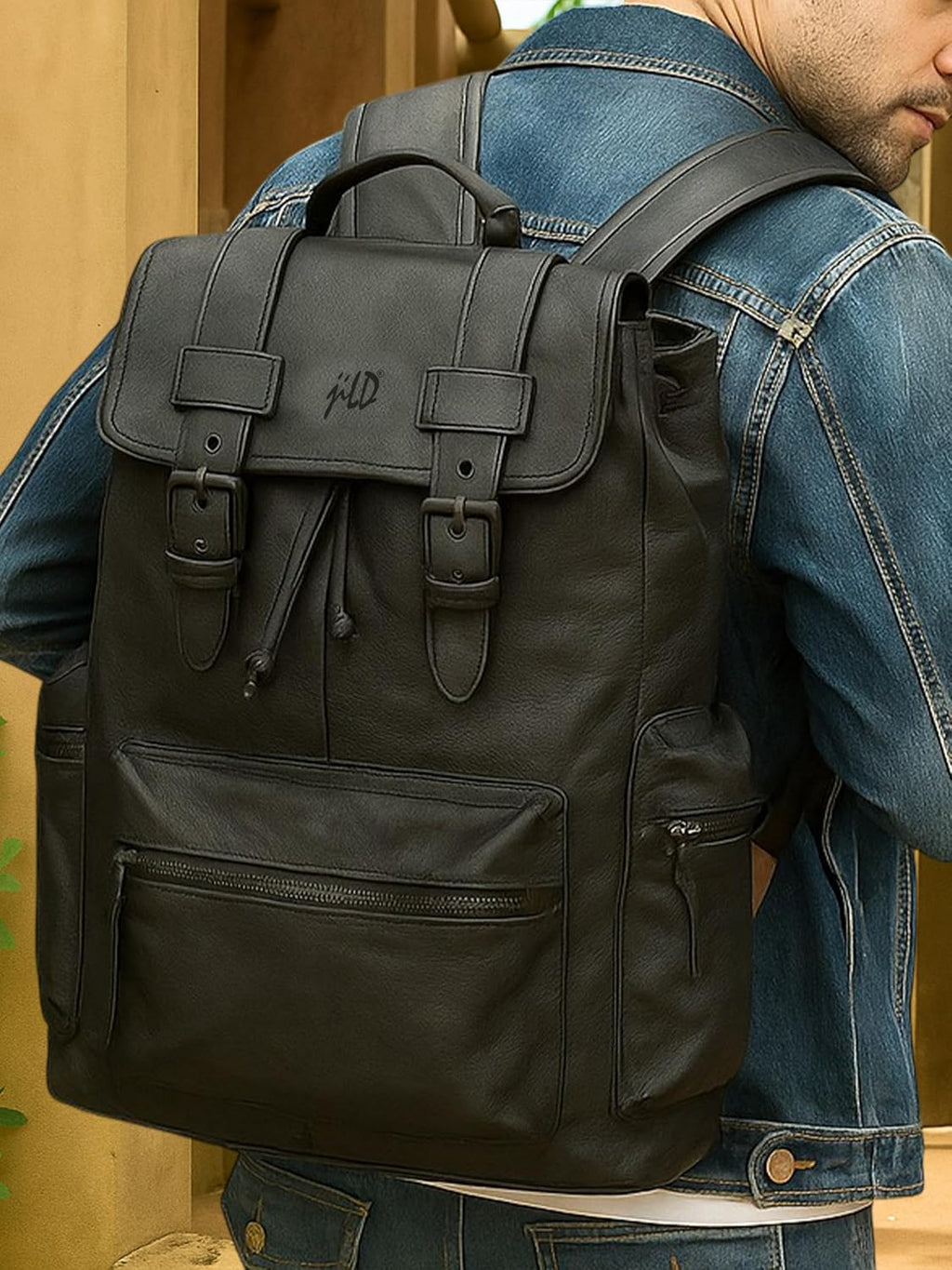 Jild Genuine Leather Backpack for Women or Men Carry-On Travel Backpack Shoulder Hiking Camping Vintage Leather Laptop Bag (Black)