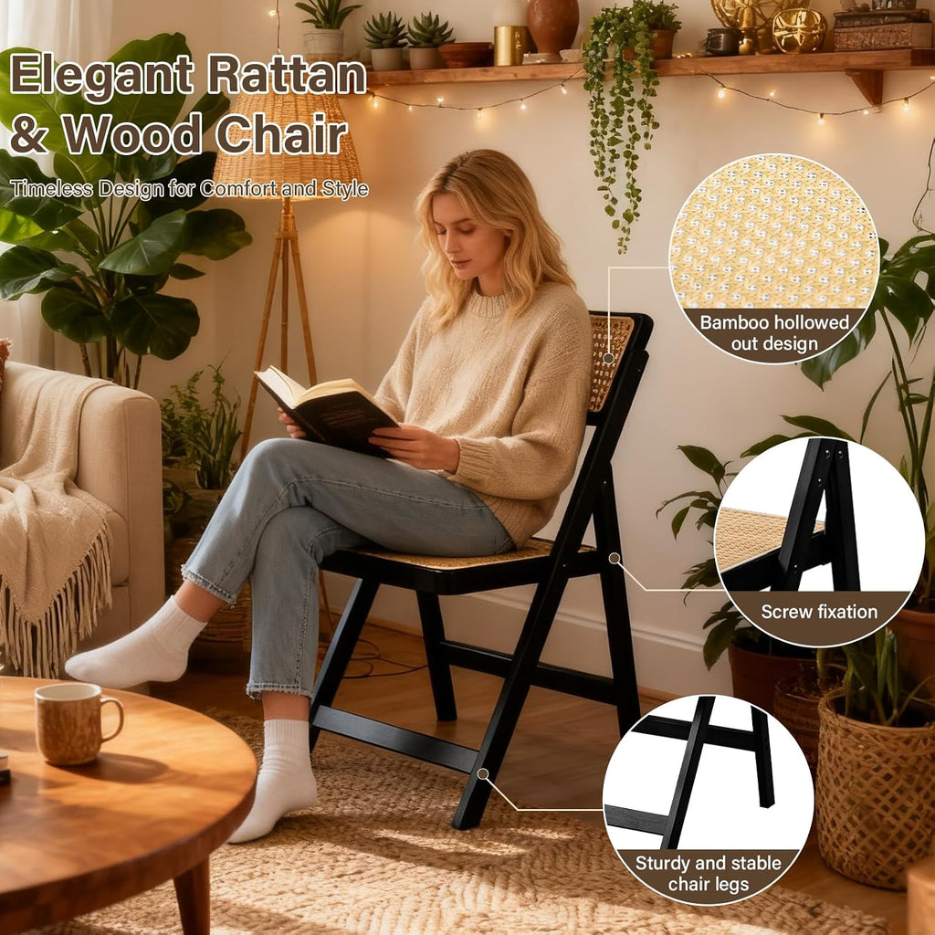 Furlide Rattan Folding Chairs, Modern Mid Century Dining Chairs Set of 2, Outdoor Bamboo Chairs for Bedroom Living Room Reading Room Dining Kitchen, Black