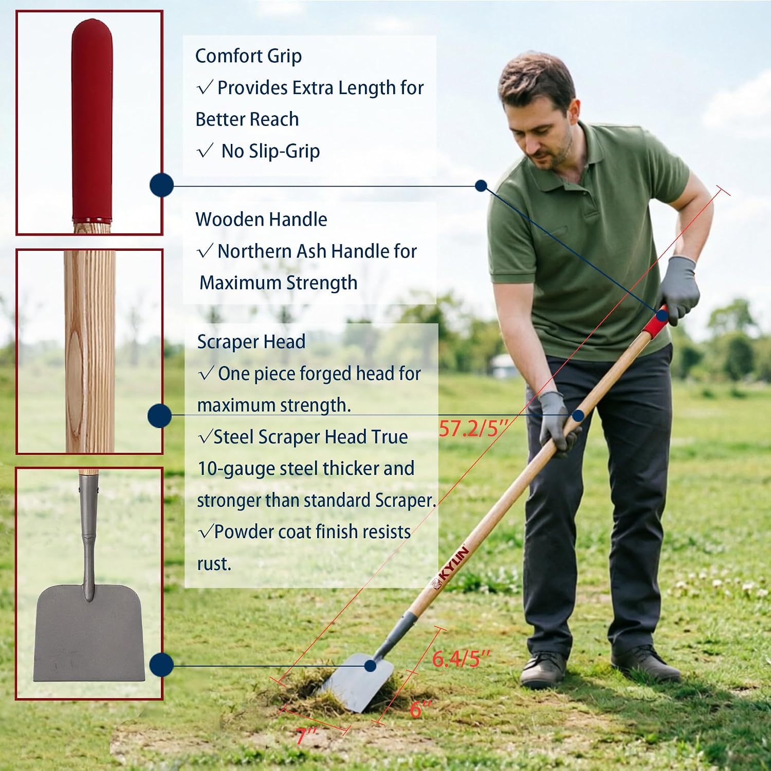 KYLIN 6-Piece Pro Long Ash Handle Garden Tools Set for Landscaping Agricture or Backyard,14-Gauge Shovels,Forged Rakes,Forged Weeding Hoe Sidewalk Scraper,