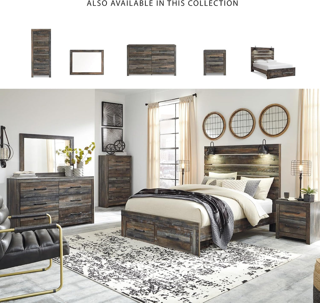Signature Design by Ashley Drystan Queen Panel Bed with Storage Drawers, Built-in USB & LED Sconce Lights, Engineered Wood, for Master Bedroom Suites, Rustic Brown, Queen