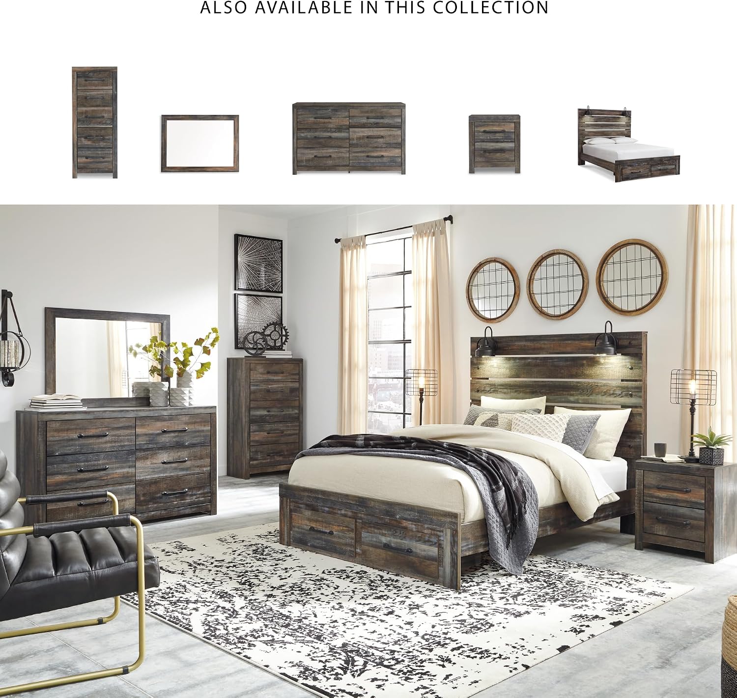 Signature Design by Ashley Drystan Queen Panel Bed with Storage Drawers, Built-in USB & LED Sconce Lights, Engineered Wood, for Master Bedroom Suites, Rustic Brown, Queen