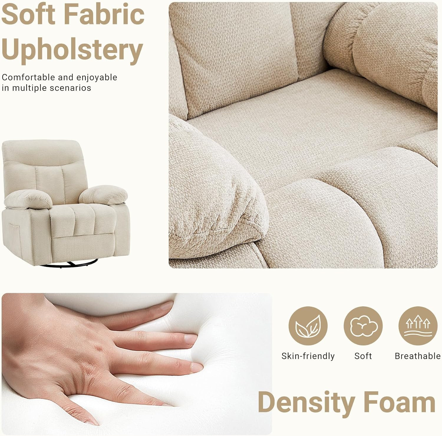 Rocker Swivel Recliner Chair for Adults, Single Reclining Sofa Chair with Heated and Full Body Massage, Lounge Recliner Glider for Small Living Room, Bedroom, Beige